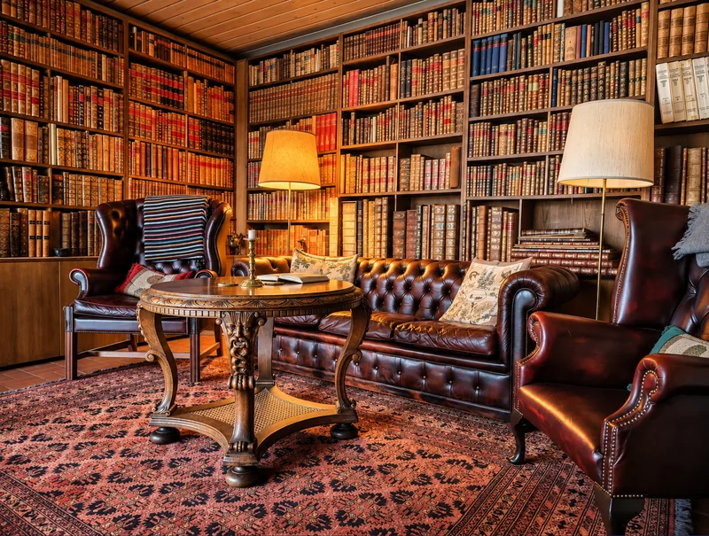 Biblioteket på Sæbygaard Estate med bogreoler og lædermøbler